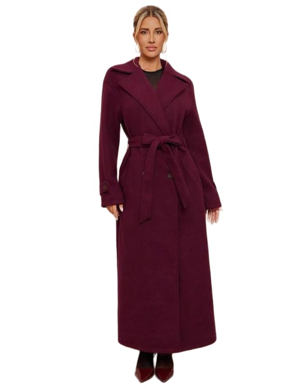Patakadevi Women’s Burgundy Long Coat – Stylish Belted Winter Jacket with Wide Lapel Collar, Tailored Fit & Elegant Warm Outerwear for Parties, Travel, Work & Everyday Winter Fashion | Sizes S to 5XL-image-2