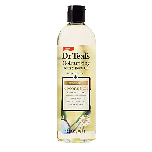 Dr Teal's Coconut Bath & Body Oil (1 Bottle, 8.8oz) - Nourishing Coconut Essential Oils Blended with Sweet Almond Oil & Cocoa Butter - Paraben & Phthalate Free - Use in Bath or on Skin