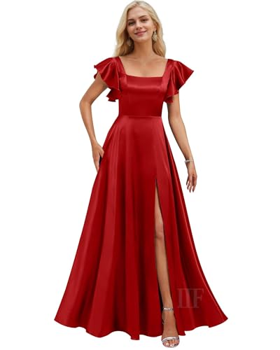 Image of IIF Short Sleeve Bridesmaid Dresses with Pockets Square Neck A-Line Satin Prom Gown Dress for Women with Slit IIF134
