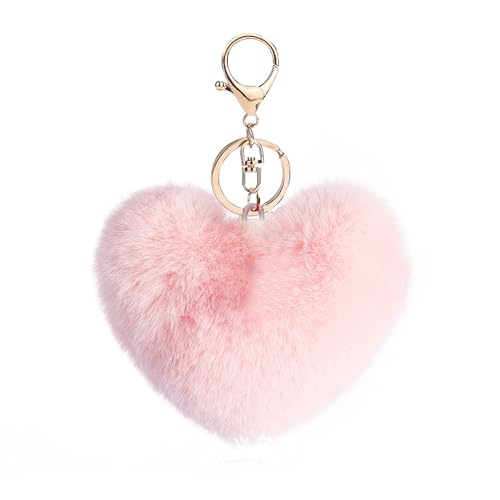 NICIFOAM Artificial Faux Rabbit Fur Keychain Fluffy Heart Plush Ball Pom Charm Key Chain Cute Car Key Decor Purse Handbag for Women Light Pink