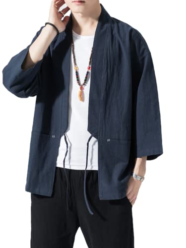 Image of Men's Japanese Kimono Cardigan Loose Cotton Linen 3 /4 Sleeve Open Front Casual Summer Shirt Jackets