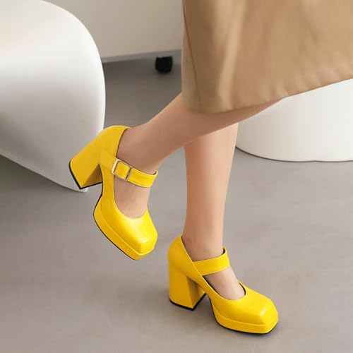 Women's Square Toe Buckle Strap High Heeled Platform Pumps Chunky Heels Faux Leather Mary Jane Style Pumps Shoes4