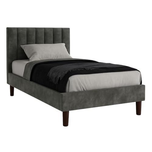 Image of Wooden Upholstered Bed Single Size Without Storage | Wrought Iron Single Size Cot with Headboard | Upholstered Bed for Bedroom | Palang Furniture for, Living Room, Grey Finish, (Grey Finish)