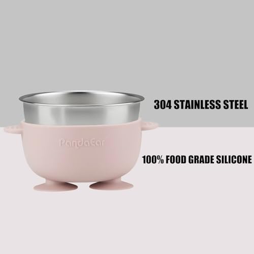 Image of PandaEar 6-in-1 Stainless Steel Baby Feeding Set | Divided Plate with Suction Cup, Bowl, Cup with Straw, Bib, Spoon and Fork | BPA-Free Self-Weaning Accessories (Pink)