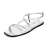 Rihero Womens Flat Strappy Sandals Comfortable Wide Width Square Toe Slip On Ankle Strap Silver Sandals Dressy Size 9
