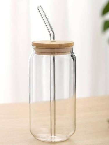 Image of VILON Drinking Glass Can Wooden Lid Sipper Mason Jar for Mojito Ice Tea Juice Travel Mug with Straw | 540ml | Set of 6 (Round Bamboo Sipper 540 ML)