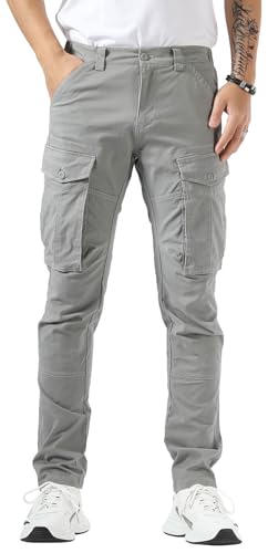 Plaid&Plain Men's and Women's Iron Grey Cargo Pants - Slim Fit, 3D Shape, Articulated Knees, Stretchy Fabric C804 Iron Grey 40WX34L