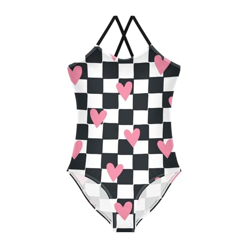 Image of Black and White Chess Girls One Piece Swimsuits Board Marble Tile Sport Halter Swimwear Beach Bathing Suit 3T