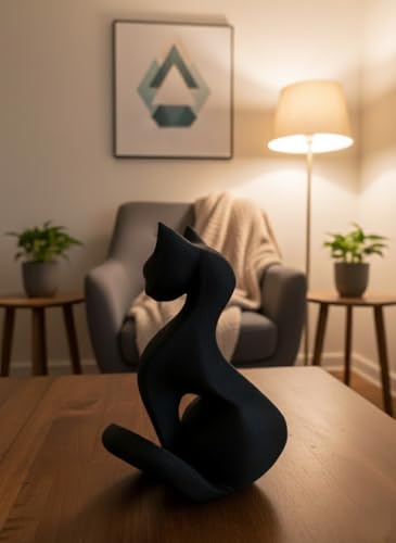 Image of Eco Friendly Sleek Black Abstract Cat Sculpture - Modern Minimalist Animal Figurine | Elegant Desk & Shelf Decor