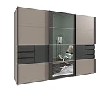 Schwebetürenschrank Kleiderschrank 3-türig B270/H208/T64 cm in Sand Grau m.Absetzungen in Grafit, Rahmenspiegeltür, 2 Türen jeweils m.Ausschnitt für 3 Schubladen,...