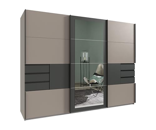 Schwebetürenschrank Kleiderschrank 3-türig B270/H208/T64 cm in Sand Grau m.Absetzungen in Grafit, Rahmenspiegeltür, 2 Türen jeweils m.Ausschnitt für 3 Schubladen, Einlegeböden, Kleiderstangen / 22507