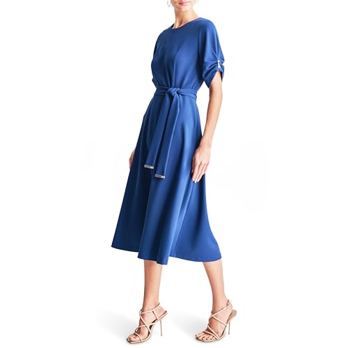 DKNY Women's Short Ruched Sleeve Jewel Neck Midi Dress with Removable Belt3