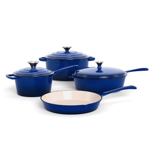 Kitchen Academy, Gusseisen Topf, 7-teiliges Set mit Dutch Ovens, Emailliertes Gusseisen-Kochgeschirr, Soßenpfanne, Pfanne, 3 Deckeln, Dutch Oven Set, Töpfe und Pfannen Set Antihaft, Blau