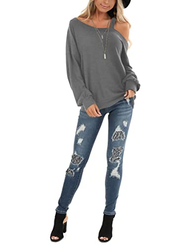 Ezbelle Women's Off Shoulder Knit Sweater Casual Long Sleeve T Shirts Tunic Tops Blouse Deep Grey Medium #TOP2