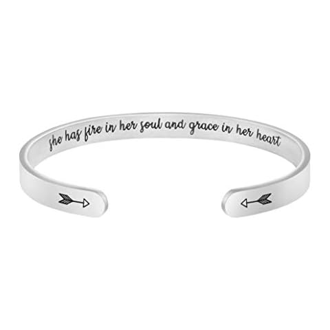 Joycuff Birthday Gifts for Women Girlfriend Wife Teen Girl Mom Daughter Bracelet Valentine's Day Jewelry Engraved Mantra Cuff She Has Fire in Her Soul and Grace in Her Heart Cover