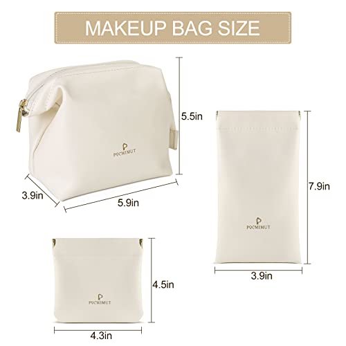 Pocmimut Small Travel Makeup Bag,Mini Leather Makeup Bag For Purse,Wide-Open Makeup Pouch Purse Lipstick Bag Makeup Organizer For Women And Girls(White) #TOP2