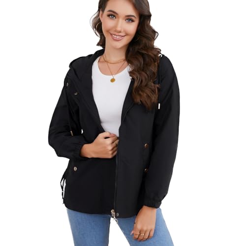 Lu's Chic Women's Rain Jacket Hooded Lightweight Raincoat Outdoor Waterproof Short Anoraks Full Zip Casual Windbreaker