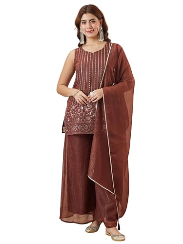 Image of MOKOSH Women's Silk Embroidery Kurta Sharara with Dupatta | Kurta Set | Embroidered |Ethnic Wear |Indian Kurta Outfit with Sharara | 3 Piece Outfit