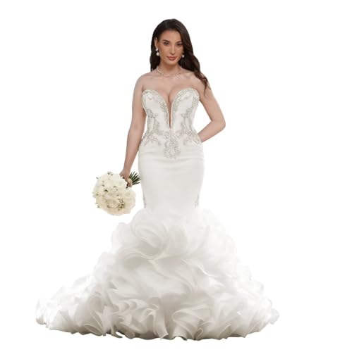 Mermaid Wedding Dresses Sweetheart Luxury Beaded Rhinestones Bridal Wedding Gown with Ruffle Cathedral Train