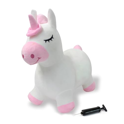 JAMARA 466002 Hüpftier Einhorn mit Plüschbezug und Pumpe - Tierohren dienen dem Kind als Halt, wiederstands- und strapazierfähig, pflegeleicht, waschbar, Hüpfball