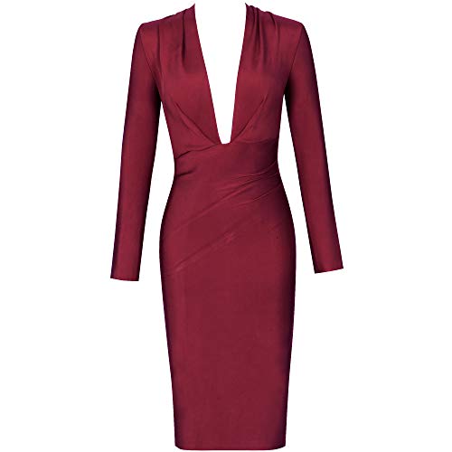 whoinshop Women 's Draped Deep Plunged Long Sleeve Night Out Club Cocktail Party Dresses with Knee Length2