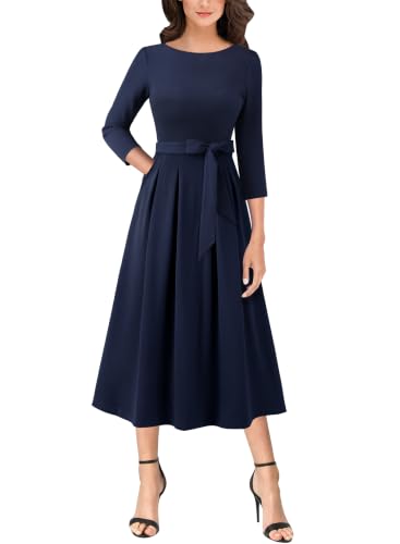 Image of VFSHOW Womens Work Business Casual Church Pockets Belted A-Line Midi Dress