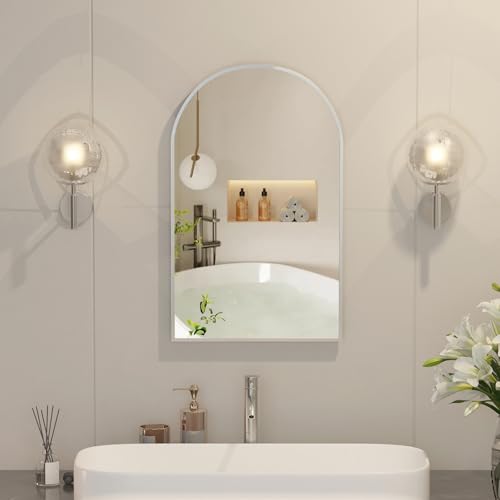 Mepplzian Arched Medicine Cabinet with Mirror,Recessed Medicine Cabinet Mirrors for Bathroom Mirror with Storage,Brushed Nickel Arched Metal Edge,14x18