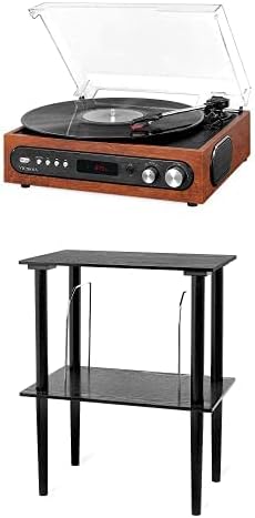 All-in-1 Bluetooth Record Player with Built in Speakers and 3-Speed Turntable Mahogany (VTA-65-MAH) & Victrola Wooden Stand for Wooden Music Centers with Record Holder Shelf, Black