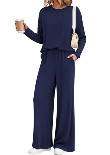 KIRUNDO Fall 2 Piece Lounge Sets for Women Long Sleeve Ribbed Knit Tops Wide Leg Pants Matching Travel Outfits Postpartum