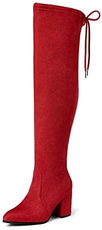 DREAM PAIRS Women's Red Thigh High Boots Over The Knee Stretch Suede Cute Block Heel Fashion Long Boots Size 8.5 M US Gracie-2