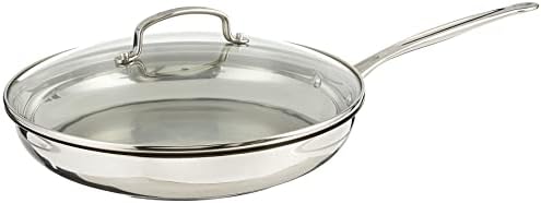 Mirror-finish stainless steel skillet with a thick flat base, a long handle and a glass cover