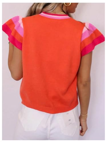 Image of WDIRARA Women's Striped Trim Pullover Sweaters Crewneck Ruffle Butterfly Sleeve Knit Tops Orange X-Large