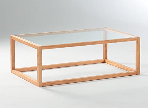 Wohnzimmertisch mit Glasplatte, moderner Couchtisch aus Massivholz-Eiche, gehärtetes Glas, Zeitloses Design und hohe Qualität, 100 cm x 35 cm x 60 xm Cover
