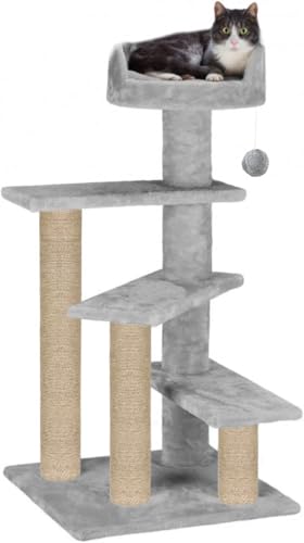 Image of Cat Tree Tower, Multi-Level, Grey, Sisal Scratching Posts, 36 Inch Height, with Perch and Hanging Toy (FURR-40) (Grey)