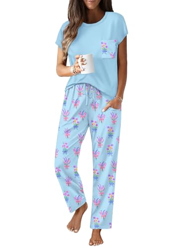 Image of Ekouaer Womens Pajama Sets Cap Sleeve Sleepwear Tops and Long Pants Comfy Pjs 2 Piece Lounge Set with Pockets S-XXL