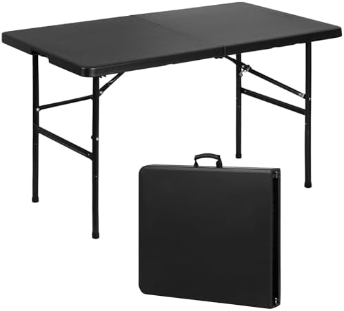SUPER DEAL Portable 4 Foot Plastic Folding Table, Indoor Outdoor Heavy Duty Fold-in-Half Picnic Party Camping Barbecues Table with Carrying Handle, Black