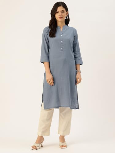 Image of feranoid Women's Plain Cotton Kurta with Mandarin Collar, 3 /4 Sleeves & Pocket