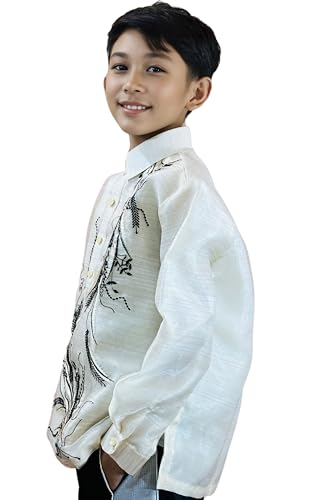 Filipino Handmade Barong Tagalog for Boys - Long Sleeve Ivory White Organza, Kids Formal Shirt, US Size3