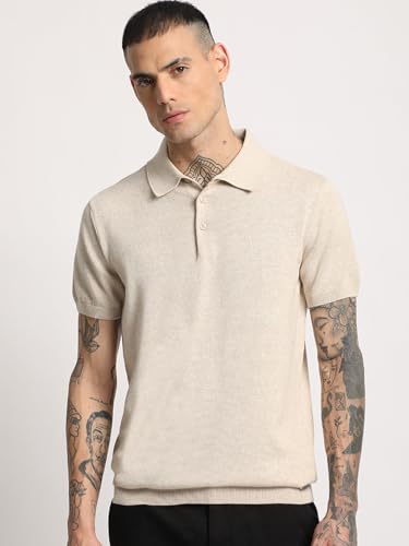 Image of Men Blue Solid Regular Fit Polo Collar T-Shirt