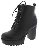 Women's Chunky Heel Ankle Boot Lace-Up with Inside Zipper Platform Lug Sole, Black, 7