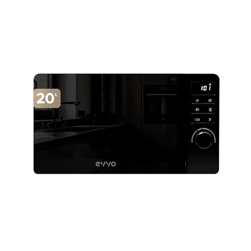 EVVO Microondas M20 Black, 20L de Capacidad, Grill 800W, Puerta Efecto Espejo, Multifunción, Función Descongelar, Temporizador 60 Minutos,Display Digital (Acabado Negro)