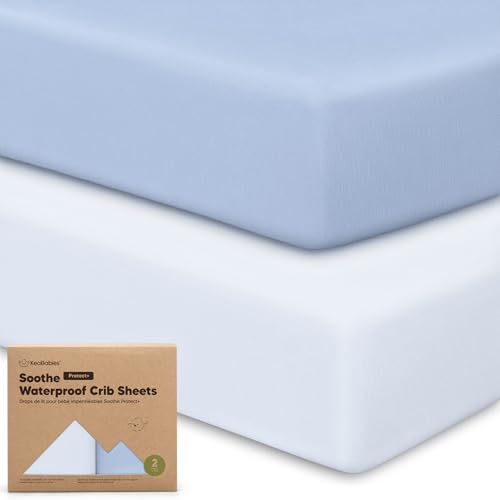 Image of 2-Pack Waterproof Crib Sheets for Boys, Girls - 52x28 Fitted Organic Cotton Baby Crib Sheets, Toddler Mattress Protector Cover, Washable, Soft & Durable Baby Bedding Essentials (Blue Flax)