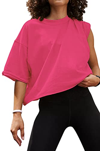 Image of HUGOOME Womens Oversized Workout Crop Top Casual Short Sleeve Boxy Roll Hem | Basic Half Split Sleeve Drop Shoulder Loose Yoga Running Gym Tee Cropped T-shirt Solid Trendy Relaxed Daily Tee