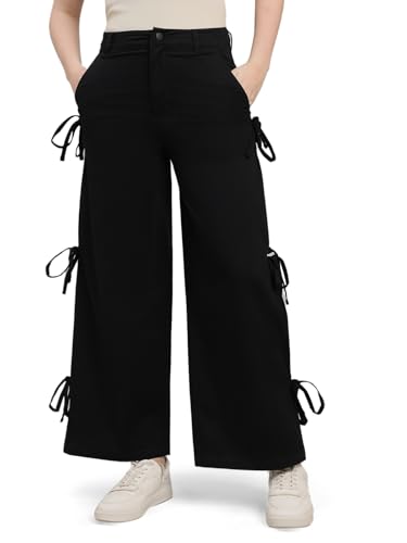 Image of GO COLORS Mostlysane Collection Cotton Pleated Pants Full Length for Women | Mid Rise, Baggy Fit, Solid