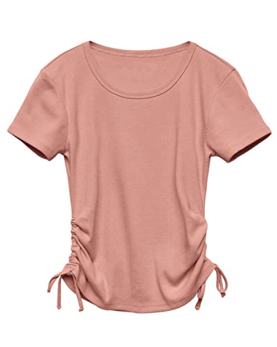 Image of Imily Bela Girls Tees Shirts Cute Crew Neck Short Sleeve Side Drawstring Solid Tops Kids Children Summer Clothes