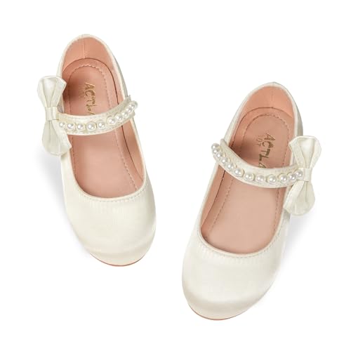 MEJORMEN Flower Girl Dress Shoes Mary Jane Ballet Flats Pearl Bowknot Princess Dress Shoes for Wedding Party School