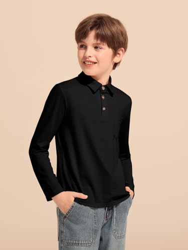 Image of Haloumoning Boys Long Sleeve Polo Shirts Kids Casual Button School Uniform Shirts with Chest Pocket 5-14 Years
