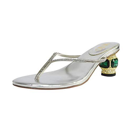 Xyd Women Fashion Thong Mid Heel Sandals Casual Flip Flops Open Almond Toe Daily Wearing Slippers Slip On Dressy Party Shoes Size 12 Silver-1 #TOP30