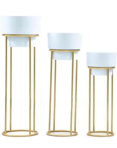 Image of ZM Handicrafts Metal Floor Planter Pot Stand with Gold Finish, Set of 3, Modern Style, for Living Room, Bedroom, Balcony, Office | Indoor / Outdoor Flower Pot Stand with Pots (White Pot)