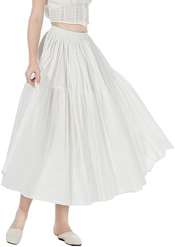 100% Cotton Women Skirt High Elastic Waist A-Line Vintage Puffy Pleated Skirt with 2 Pockets